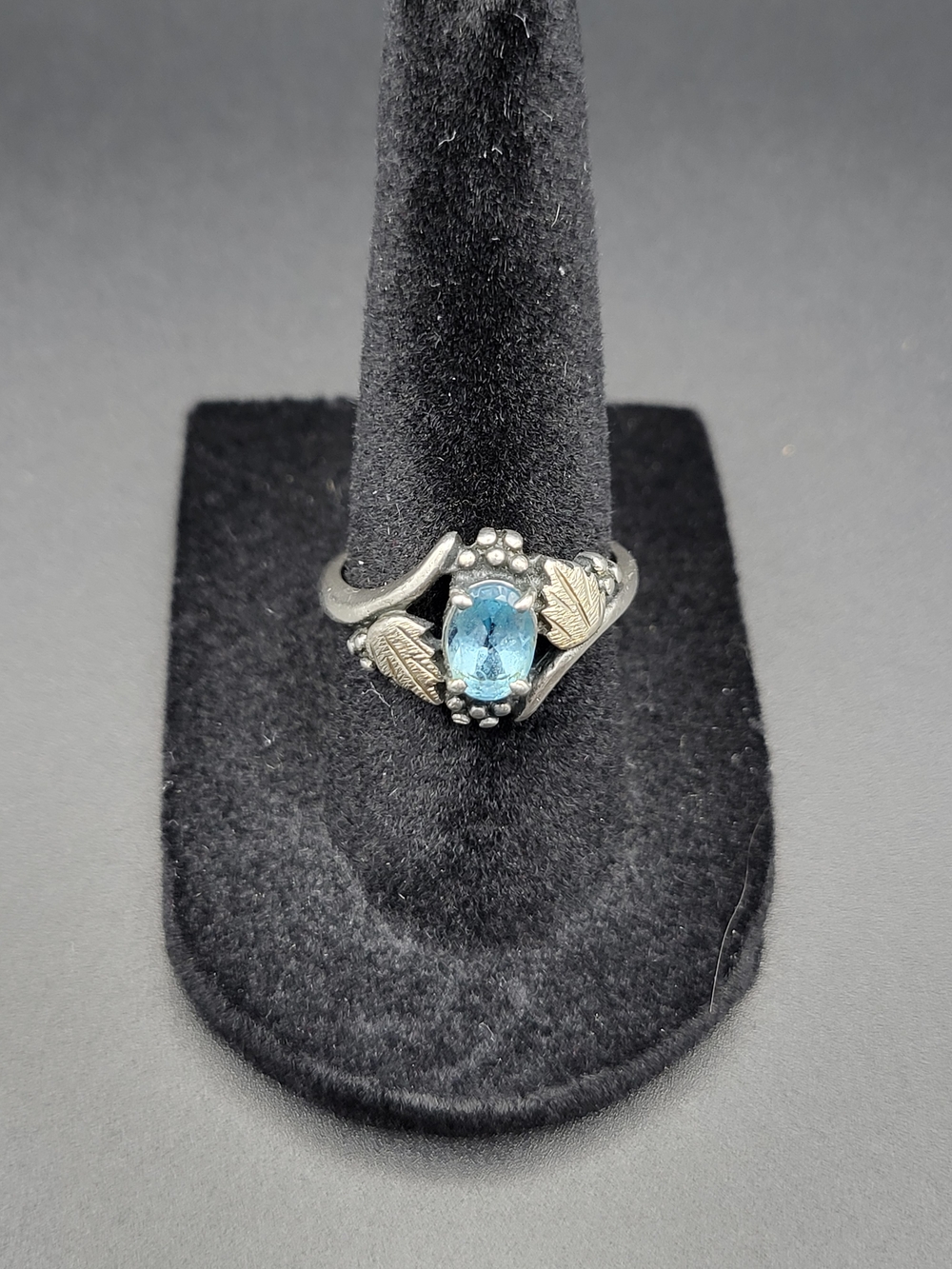 Black Hills Gold Sterling Silver Blue Topaz Leaf Accent Ring